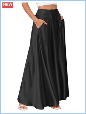 Satin Maxi Skirt High Waisted A-Line Flowy Long Skirt Office Holiday Party
